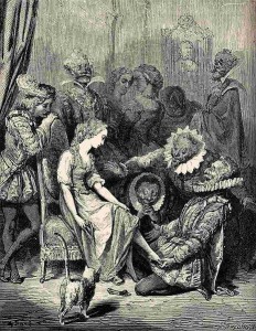 Cendrillon essayant son soulier (illustration de Gustave Doré, image libre de droits)