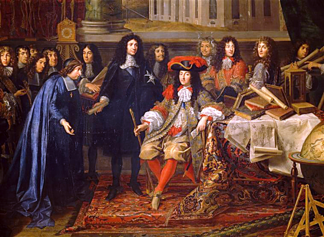 Colbert présente à Louis XIV les membres de l'Académie royale des sciences en 1667.