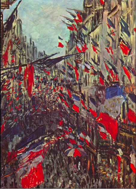 Toile de fond du boulangisme, le nationalisme français et la volonté de revanche sur la Prusse (fête nationale Rue Saint-Denis (Paris), par Claude Monet, 1878). – Domaine public