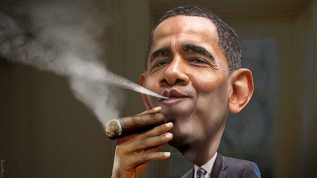 Obama enjoying a cuban credits DonkeyHotey WikiCommons ( (CC BY 2.0)