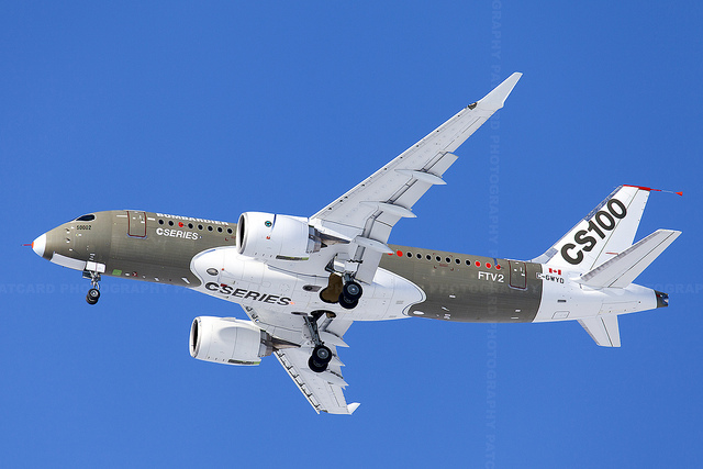Bombardier C-Series CS100 FTV2 First Flight C-GWYD 50002 credits Patrick Cardinal (CC BY-NC-ND 2.0)