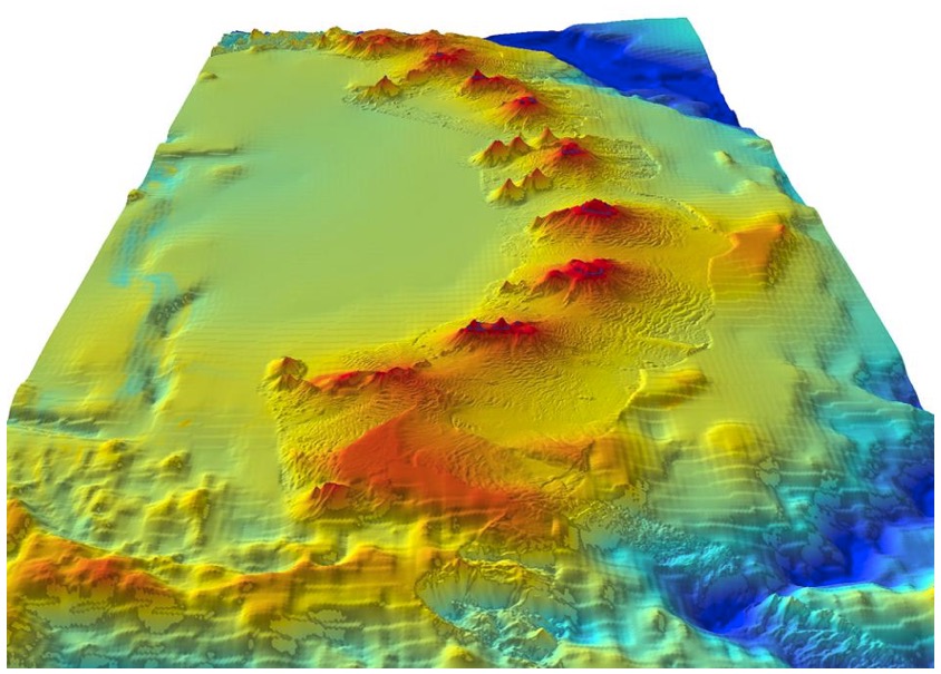 Volcans sous-marins visibles sur une image sonar 3-D nouvellement découverts près des Iles Sandwich du Sud proches de l’Antarctique (Crédits British Atlantic Survey, tous droits réservés)