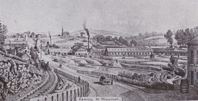 Lithographie représentant le site de la Société de la Vieille-Montagne, notamment sa laverie, après son essor du milieu du XIXe siècle