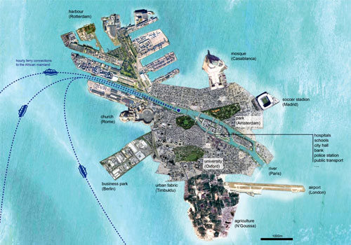 Migrations : Europe en Afrique , plan Migrations : Plan de l’île artificielle Europe en Afrique dessinée par Theo Deutinger