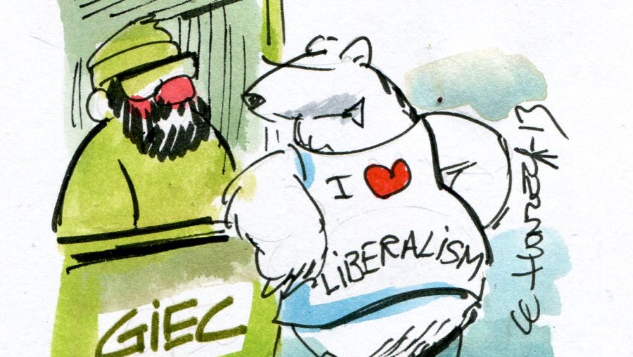 Un ours avec un t-shirt sur lequel est marqué "I love liberalism est accoudé à un comptoir sur lequel est marqué "GIEC"