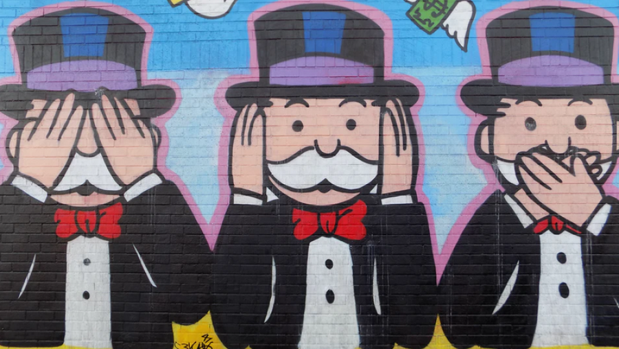 Trois bonhommes Monopoly, l'un se couvrant les yeux avec ses mais, le deuxième les oreilles et le dernier la bouche