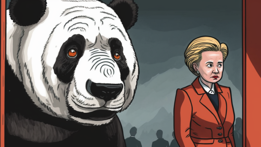 Ursula von der Leyen présidente de UE avec un panda de Chine géant